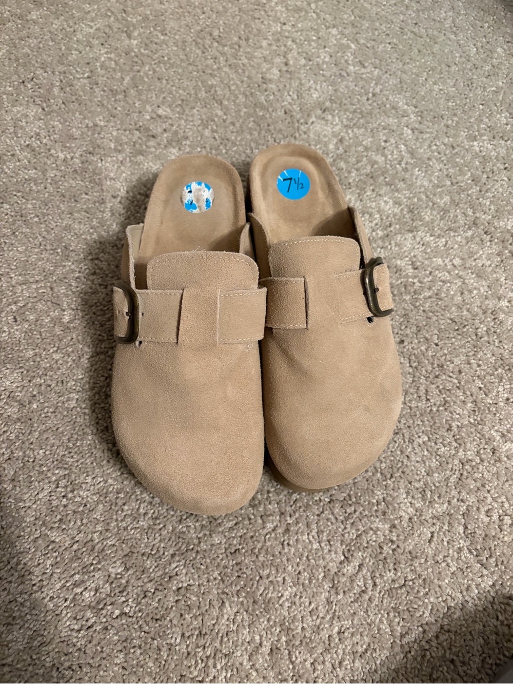 Tan Suede Slip-On Clogs with Buckle Accent